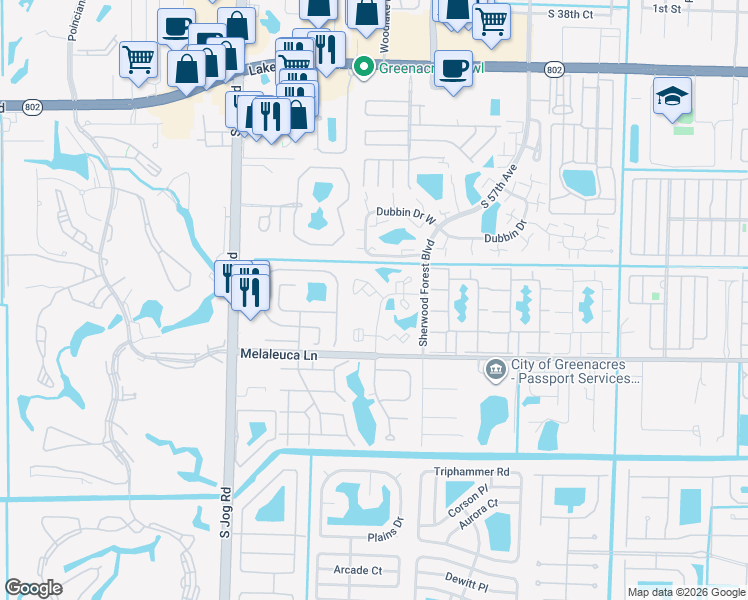 map of restaurants, bars, coffee shops, grocery stores, and more near 14 Cypress Court in Greenacres