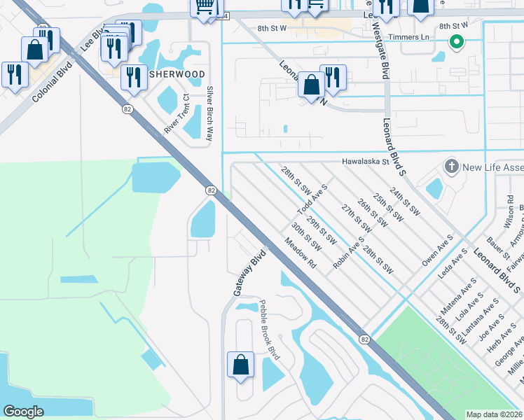 map of restaurants, bars, coffee shops, grocery stores, and more near 133 Meadow Road in Lehigh Acres
