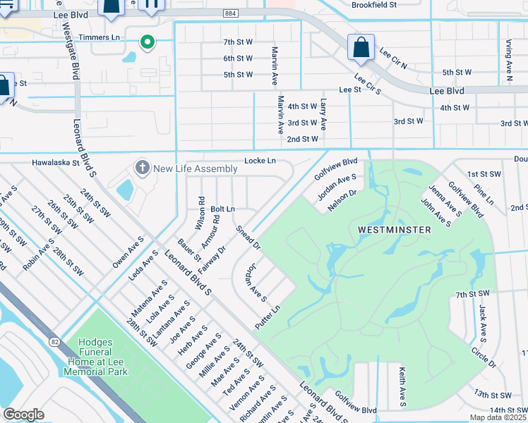 map of restaurants, bars, coffee shops, grocery stores, and more near 2141 Fairway Drive in Lehigh Acres