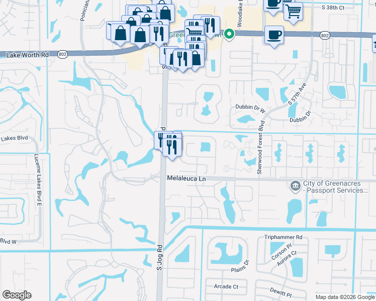 map of restaurants, bars, coffee shops, grocery stores, and more near 6312 Silver Moon Lane in Greenacres