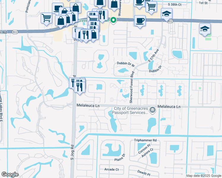 map of restaurants, bars, coffee shops, grocery stores, and more near 6380 Summer Sky Lane in Greenacres
