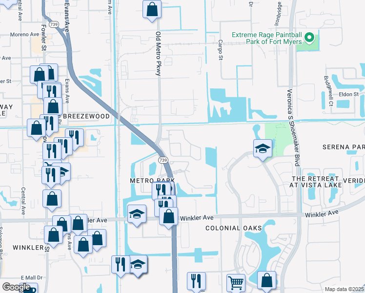 map of restaurants, bars, coffee shops, grocery stores, and more near 3613 Pine Oak Circle in Fort Myers