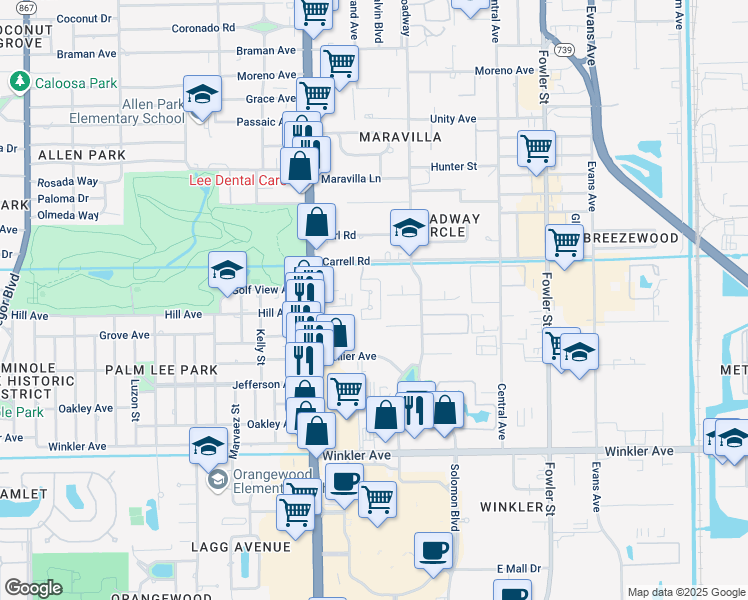 map of restaurants, bars, coffee shops, grocery stores, and more near 2075 Collier Avenue in Fort Myers
