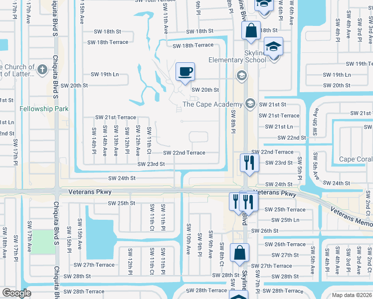 map of restaurants, bars, coffee shops, grocery stores, and more near 1005 Southwest 22nd Terrace in Cape Coral