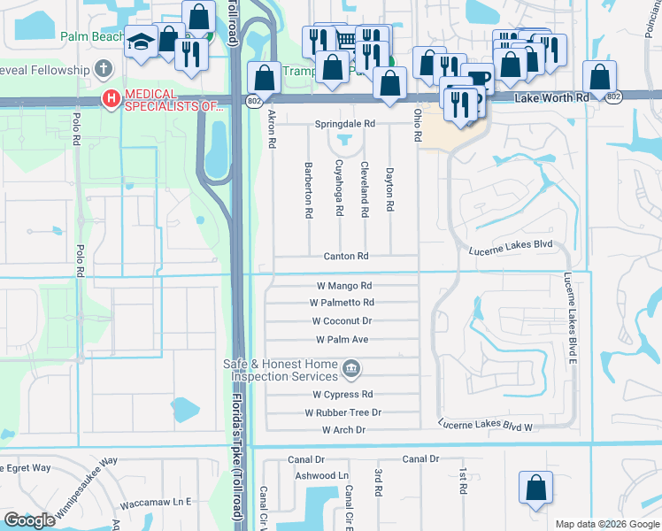 map of restaurants, bars, coffee shops, grocery stores, and more near 73 Canton Road in Lake Worth
