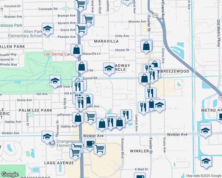 map of restaurants, bars, coffee shops, grocery stores, and more near 3660 Broadway in Fort Myers