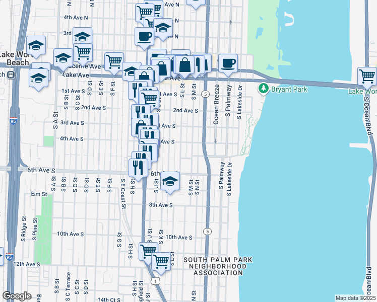 map of restaurants, bars, coffee shops, grocery stores, and more near 426 South M Street in Lake Worth
