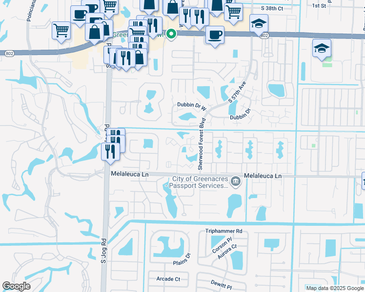 map of restaurants, bars, coffee shops, grocery stores, and more near 14 Cypress Court in Greenacres