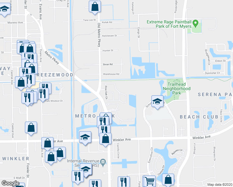 map of restaurants, bars, coffee shops, grocery stores, and more near 3605 Cedar Oak Drive in Fort Myers