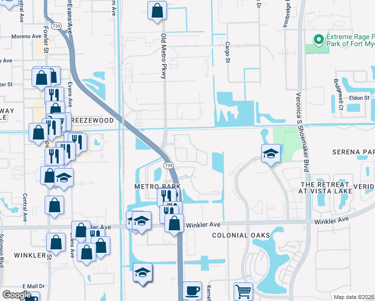 map of restaurants, bars, coffee shops, grocery stores, and more near 3613 Pine Oak Circle in Fort Myers