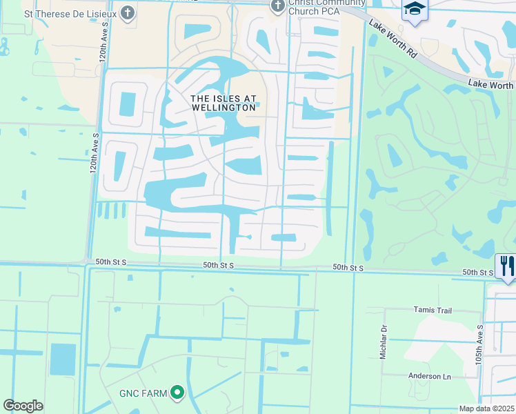 map of restaurants, bars, coffee shops, grocery stores, and more near 11378 Manatee Bay Lane in Wellington