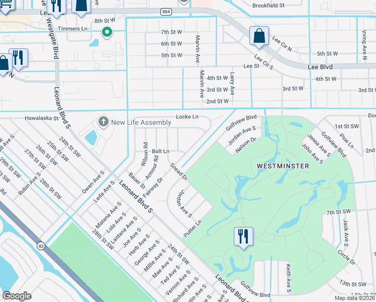 map of restaurants, bars, coffee shops, grocery stores, and more near 2147 Fairway Drive in Lehigh Acres