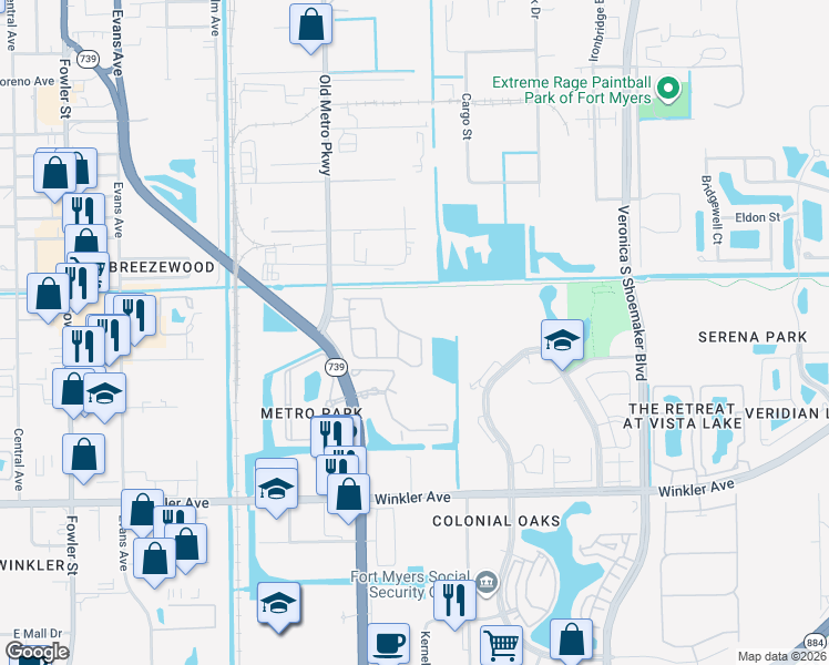 map of restaurants, bars, coffee shops, grocery stores, and more near 3630 Pine Oak Circle in Fort Myers