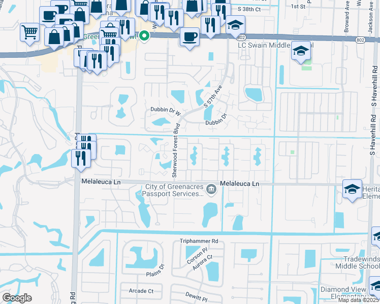 map of restaurants, bars, coffee shops, grocery stores, and more near 116 Lake Pine Circle in Greenacres