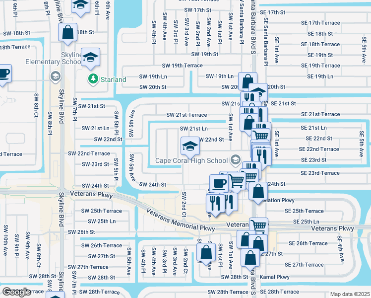 map of restaurants, bars, coffee shops, grocery stores, and more near 217 Southwest 22nd Terrace in Cape Coral