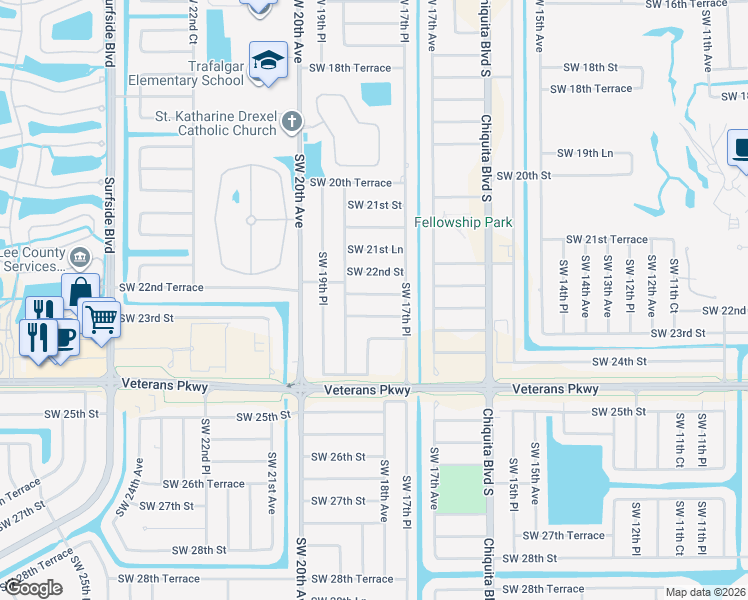 map of restaurants, bars, coffee shops, grocery stores, and more near 1806 Southwest 22nd Terrace in Cape Coral
