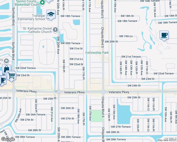 map of restaurants, bars, coffee shops, grocery stores, and more near 1632 Southwest 22nd Lane in Cape Coral