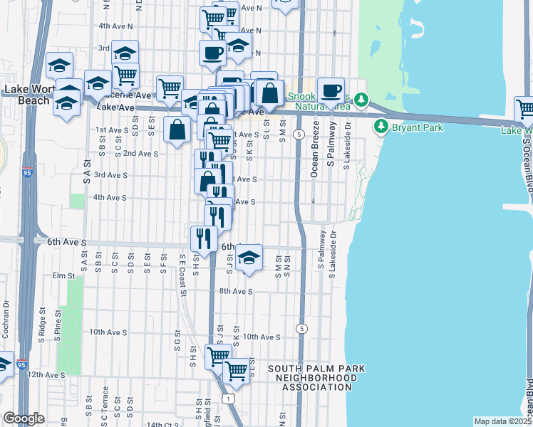 map of restaurants, bars, coffee shops, grocery stores, and more near 425 South L Street in Lake Worth
