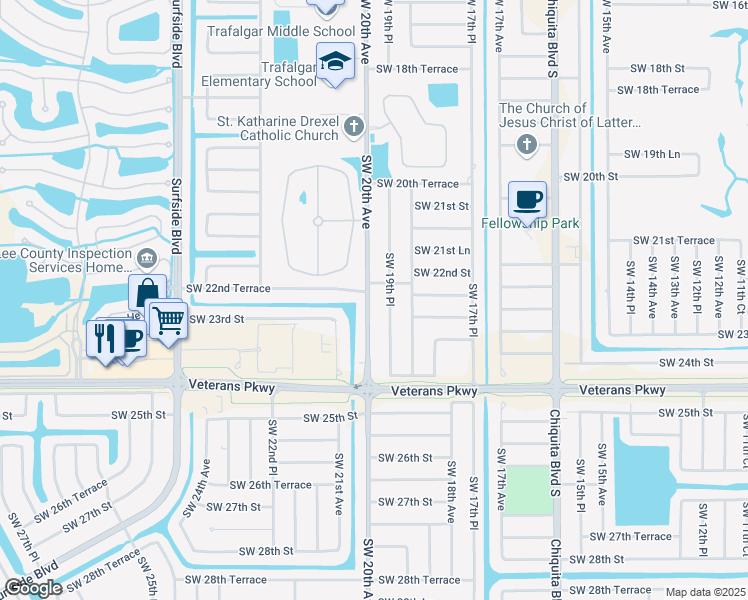 map of restaurants, bars, coffee shops, grocery stores, and more near 2223 Southwest 20th Avenue in Cape Coral