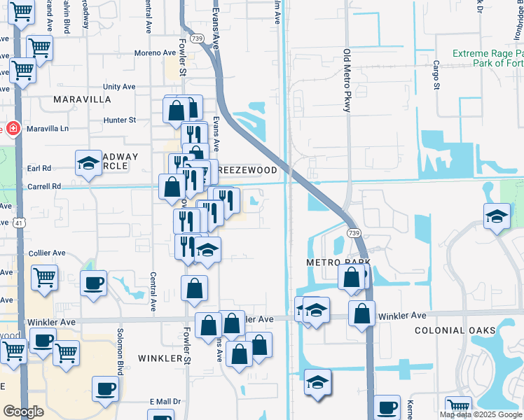 map of restaurants, bars, coffee shops, grocery stores, and more near 2751 Park Windsor Drive in Fort Myers