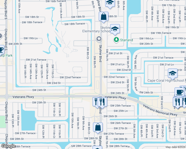 map of restaurants, bars, coffee shops, grocery stores, and more near 2227 Southwest 8th Place in Cape Coral