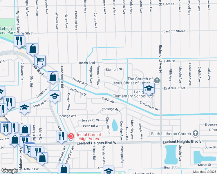 map of restaurants, bars, coffee shops, grocery stores, and more near 112 Stetson Street in Lehigh Acres