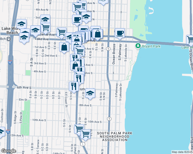 map of restaurants, bars, coffee shops, grocery stores, and more near 425 South L Street in Lake Worth
