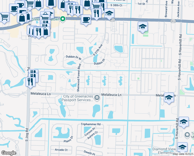 map of restaurants, bars, coffee shops, grocery stores, and more near 129 Lake Pine Circle in Greenacres