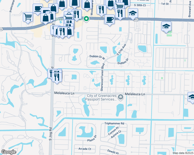 map of restaurants, bars, coffee shops, grocery stores, and more near 4459 Oak Terrace Drive in Greenacres