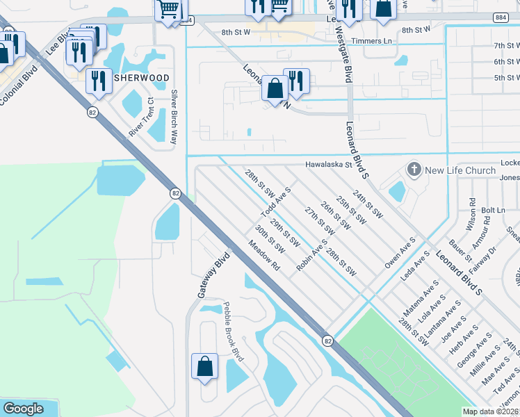 map of restaurants, bars, coffee shops, grocery stores, and more near 5301 29th Street Southwest in Lehigh Acres