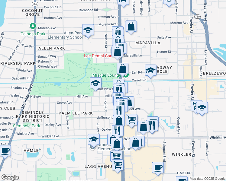 map of restaurants, bars, coffee shops, grocery stores, and more near 1938 Golf View Avenue in Fort Myers