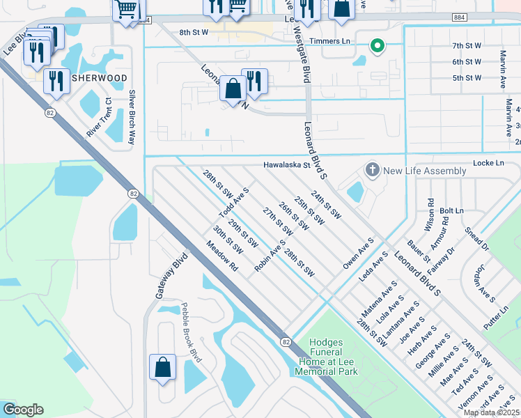 map of restaurants, bars, coffee shops, grocery stores, and more near 5225 27th Street Southwest in Lehigh Acres
