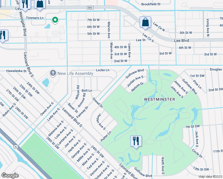 map of restaurants, bars, coffee shops, grocery stores, and more near 4846 Golfview Boulevard in Lehigh Acres