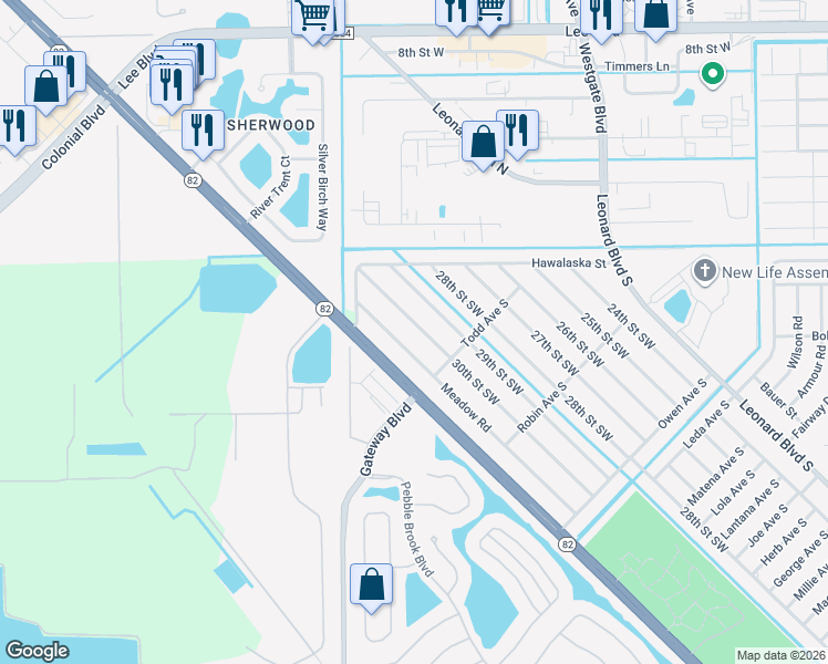 map of restaurants, bars, coffee shops, grocery stores, and more near 133 Meadow Road in Lehigh Acres