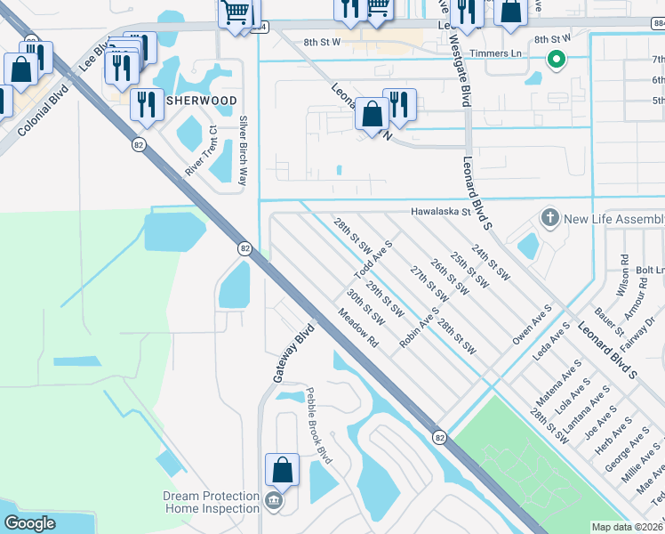 map of restaurants, bars, coffee shops, grocery stores, and more near 133 Meadow Road in Lehigh Acres