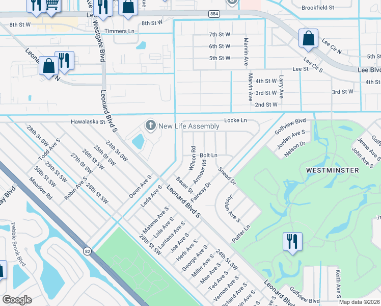 map of restaurants, bars, coffee shops, grocery stores, and more near 2201 Wilson Road in Lehigh Acres