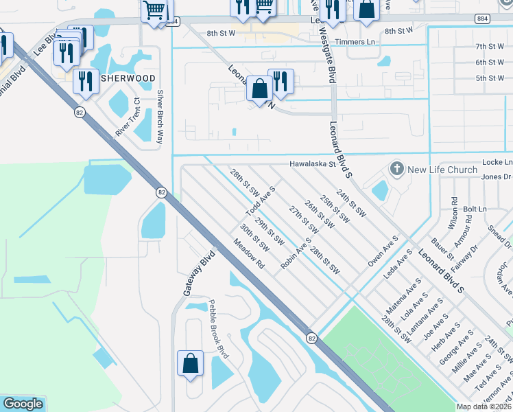 map of restaurants, bars, coffee shops, grocery stores, and more near Todd Avenue South in Lehigh Acres