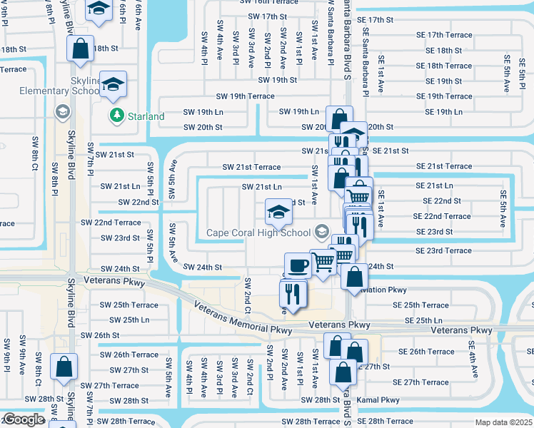 map of restaurants, bars, coffee shops, grocery stores, and more near 217 Southwest 22nd Terrace in Cape Coral