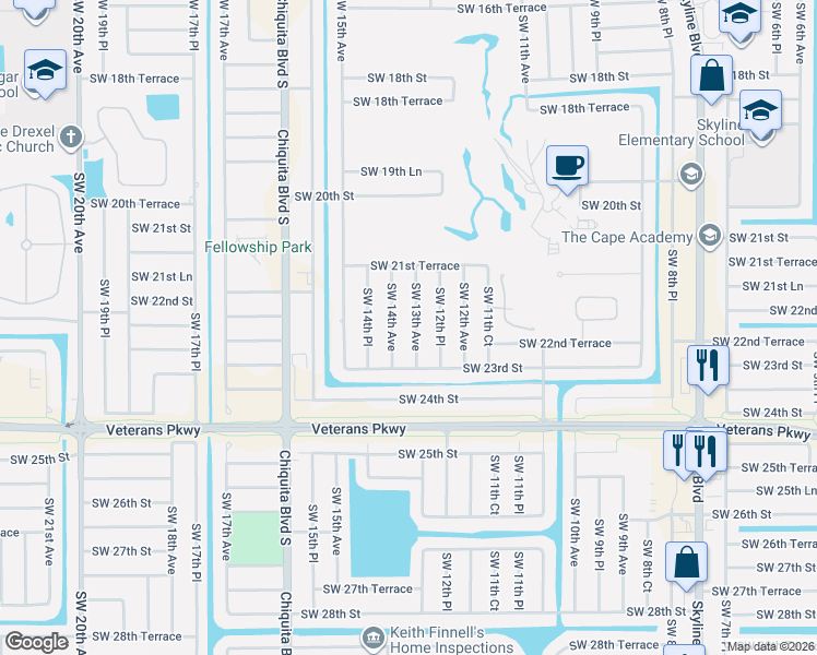 map of restaurants, bars, coffee shops, grocery stores, and more near 2223 Southwest 13th Avenue in Cape Coral