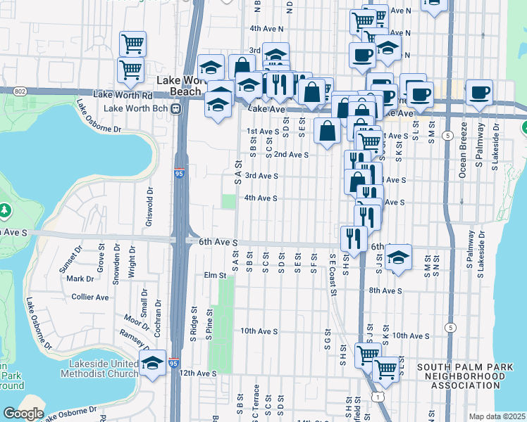 map of restaurants, bars, coffee shops, grocery stores, and more near 432 South B Street in Lake Worth