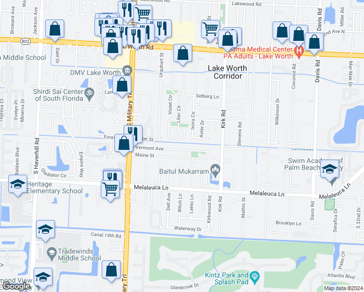 map of restaurants, bars, coffee shops, grocery stores, and more near 4831 Vermont Avenue in Lake Worth