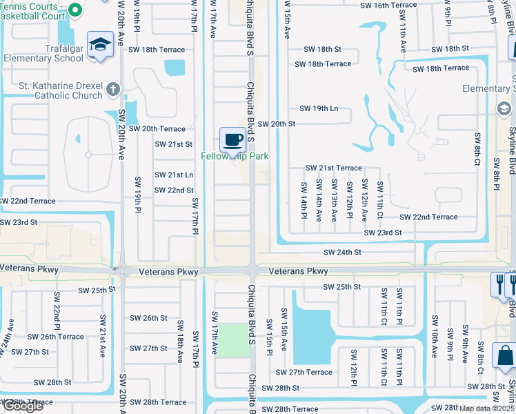 map of restaurants, bars, coffee shops, grocery stores, and more near 2219 Chiquita Boulevard South in Cape Coral