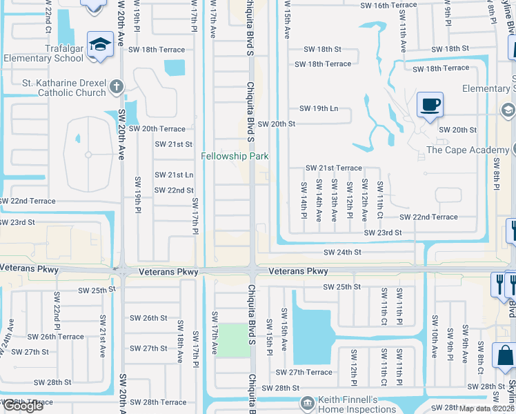 map of restaurants, bars, coffee shops, grocery stores, and more near 2219 Chiquita Boulevard South in Cape Coral