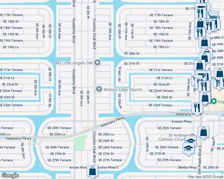 map of restaurants, bars, coffee shops, grocery stores, and more near 2213 Southeast 10th Avenue in Cape Coral