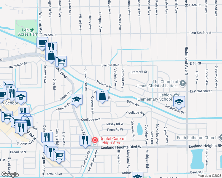 map of restaurants, bars, coffee shops, grocery stores, and more near 505 Jefferson Drive in Lehigh Acres