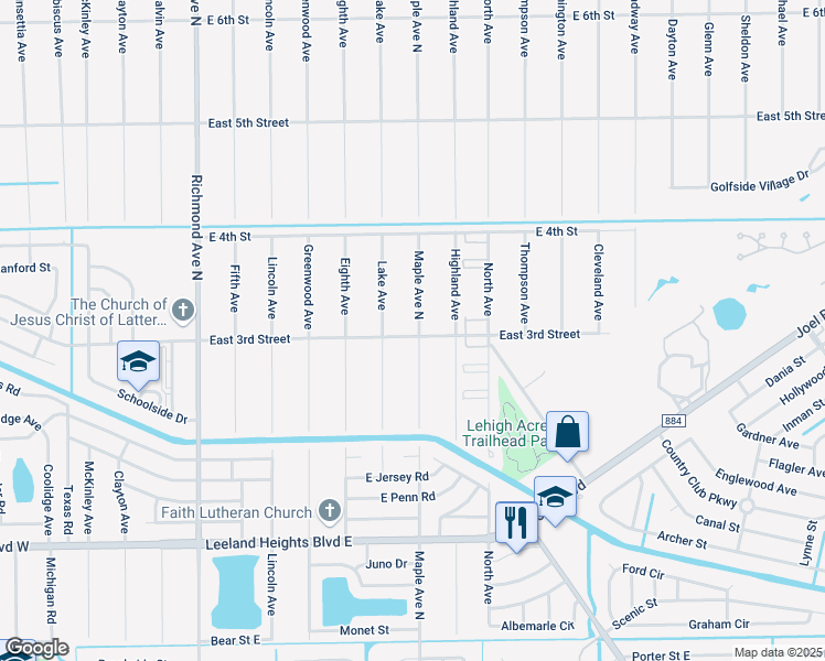map of restaurants, bars, coffee shops, grocery stores, and more near 219 Maple Avenue North in Lehigh Acres