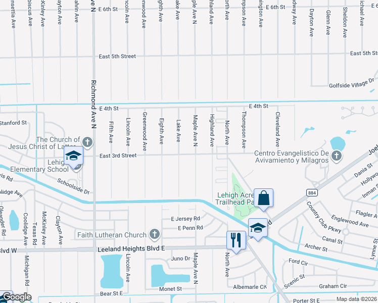 map of restaurants, bars, coffee shops, grocery stores, and more near 219 Maple Avenue North in Lehigh Acres