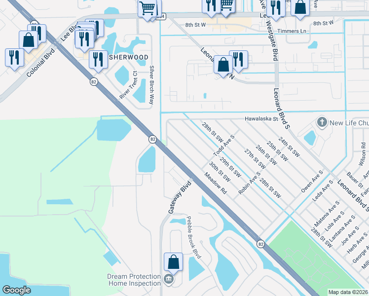 map of restaurants, bars, coffee shops, grocery stores, and more near 133 Meadow Road in Lehigh Acres