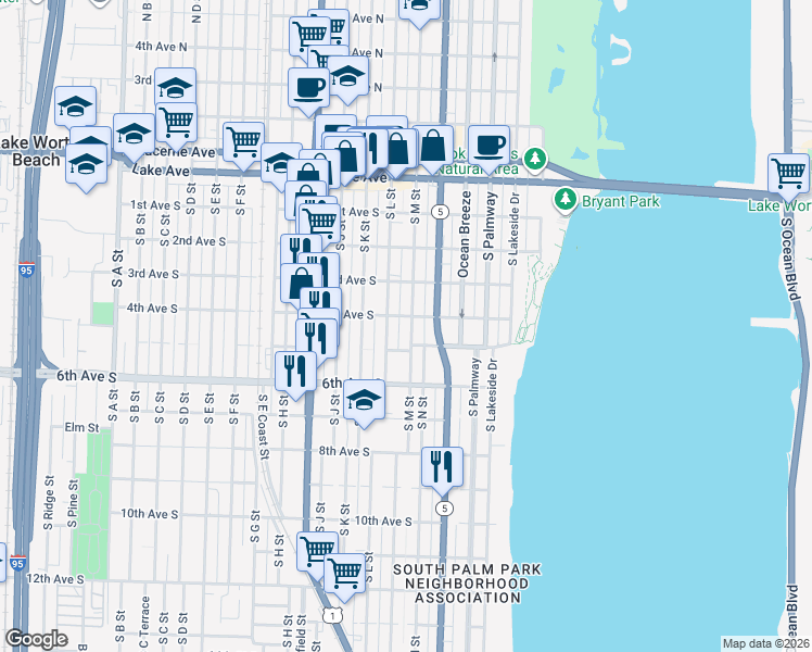 map of restaurants, bars, coffee shops, grocery stores, and more near 426 South M Street in Lake Worth