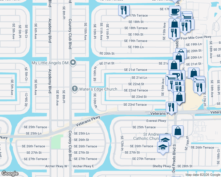 map of restaurants, bars, coffee shops, grocery stores, and more near 2224 Southeast 11th Place in Cape Coral